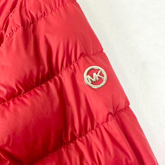 Michael Kors Packable Down Fill Jacket Size Large Red Hooded Full Zip Quilted - Picture 3 of 9